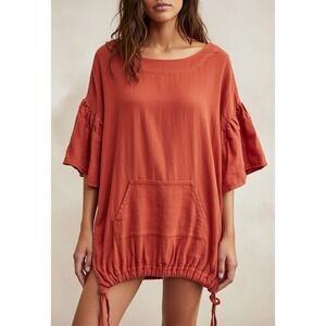 Free People Tunic Top Womens XS‎ Orange Gauze Pocket Drawstring Cotton Boho